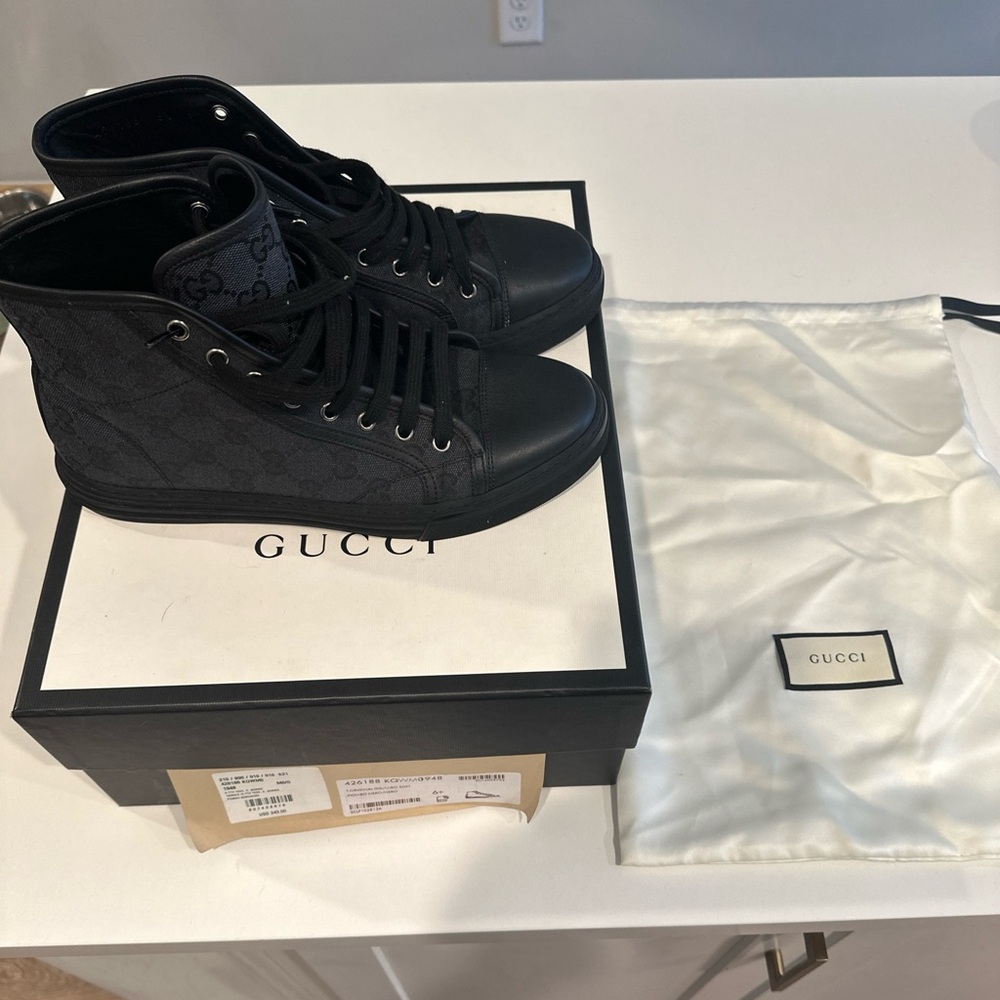 Gucci Men Black Blue Canvas High Top Monogram Sneakers Shoes 426188 6  1/2  03t
